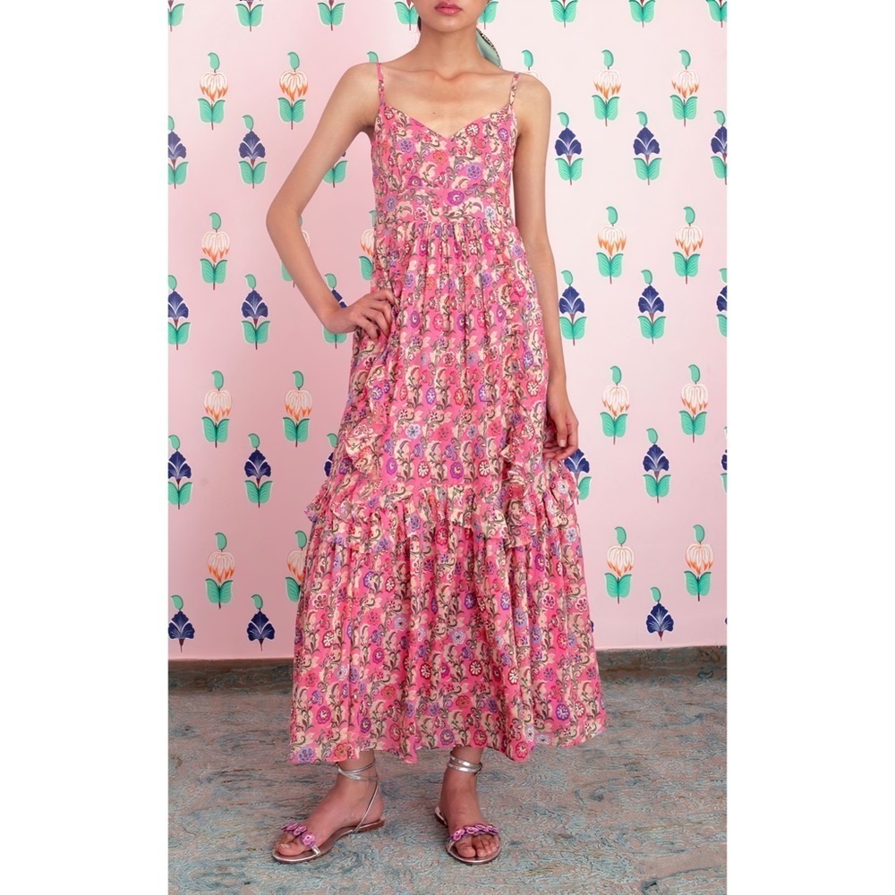 NWT Banjanan Maxi Floral Ruffle Rosa Dress